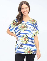 Blue Stripe Sunflower Printed Short Sleeve Silver Top Stitch V-Neck by Froccella