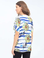 Sunflower And Blue Striped V-Neck Silver Stitching Short Sleeve Top by Froccella