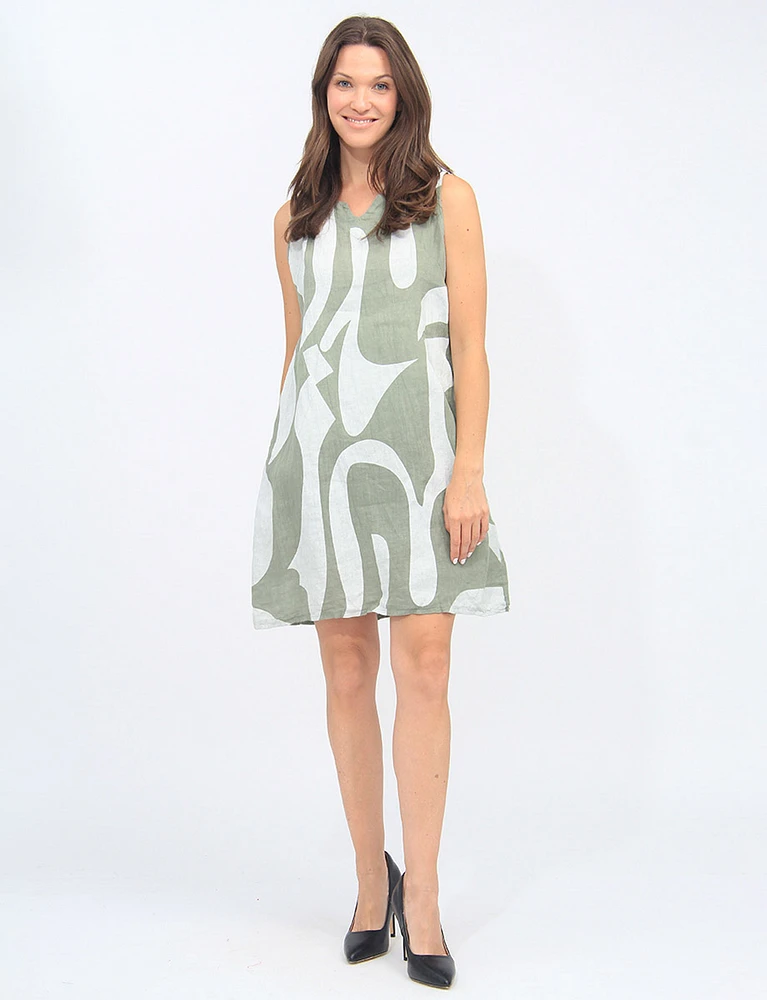 Sleeveless V-Neck Linen Abstract Print Dress By Froccella