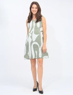 Sleeveless V-Neck Linen Abstract Print Dress By Froccella