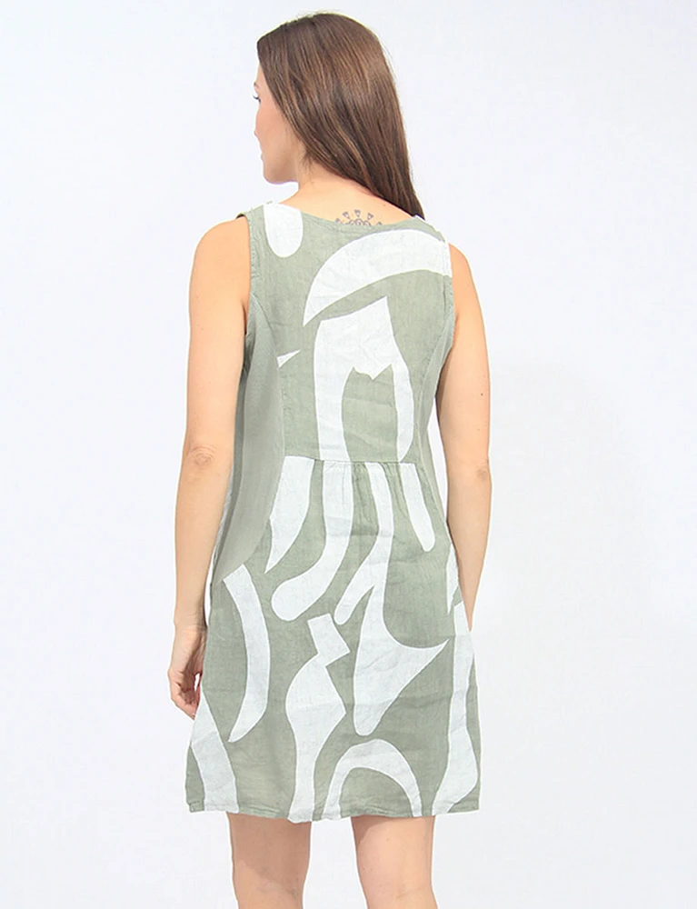 Sleeveless V-Neck Linen Abstract Print Dress By Froccella