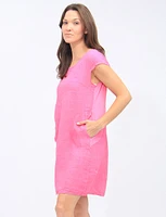 Linen Cap Sleeves Round Neck Side Pockets Dress By Froccella