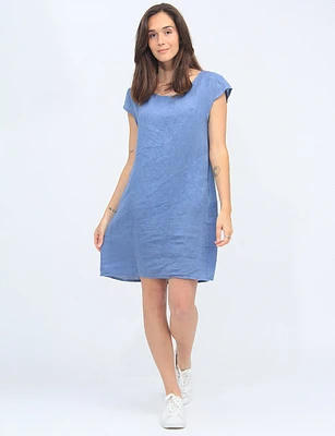 Linen Cap Sleeves Round Neck Side Pockets Dress By Froccella