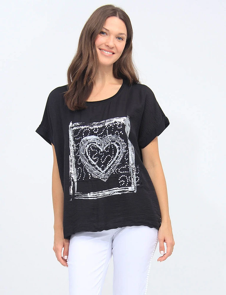 Foil Heart Print Rhinestones Cotton-Blend Short Sleeve Top By Froccella