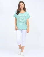 Foil Heart Print Rhinestones Cotton-Blend Short Sleeve Top By Froccella