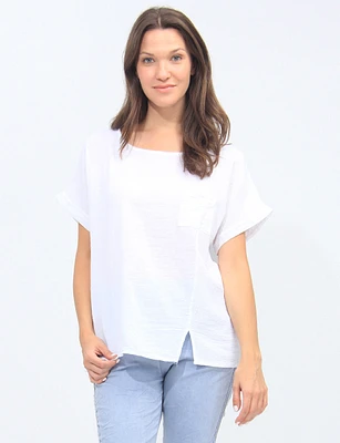 Sequin Pocket Short Sleeves Front Slit Cotton-Linen Top By Froccella