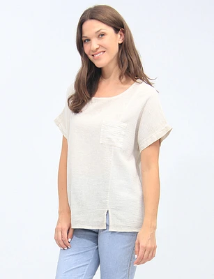 Sequin Pocket Short Sleeves Front Slit Cotton-Linen Top By Froccella