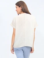 Sequin Pocket Short Sleeves Front Slit Cotton-Linen Top By Froccella