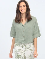 Linen Short Sleeve Cropped Button Down Shirt By Froccella