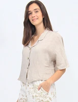 Linen Short Sleeve Cropped Button Down Shirt By Froccella