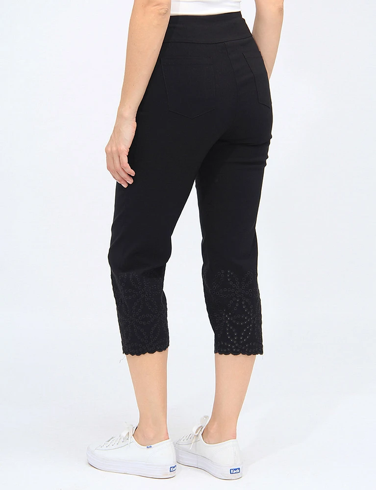 Solid Stretch Pull-On Capri Pants With Eyelet Trim By Carré Noir