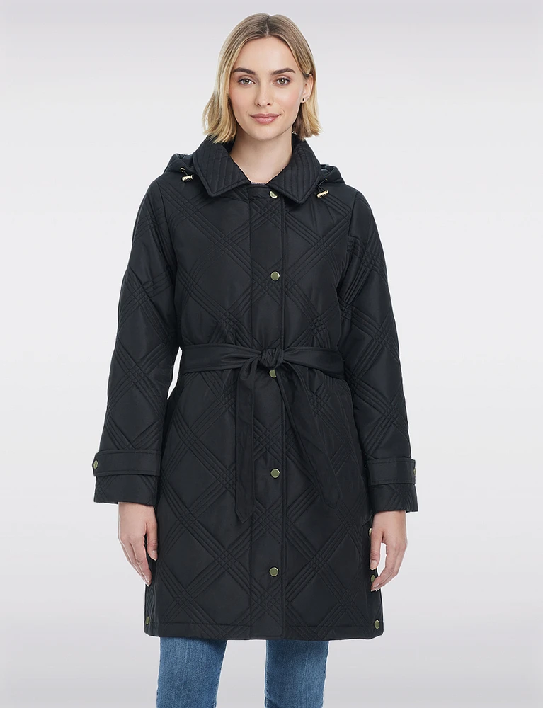 Vegan Quilted Belted Long Nylon Trench Raincoat by Details