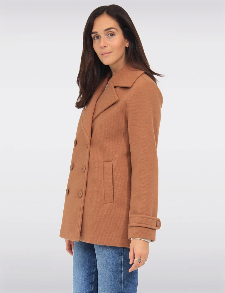 Textured Vegan Wool Double-Breasted Peacoat with Notch Lapel by Details