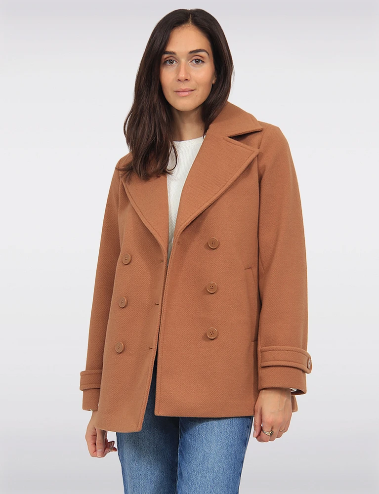 Textured Vegan Wool Double-Breasted Peacoat with Notch Lapel by Details