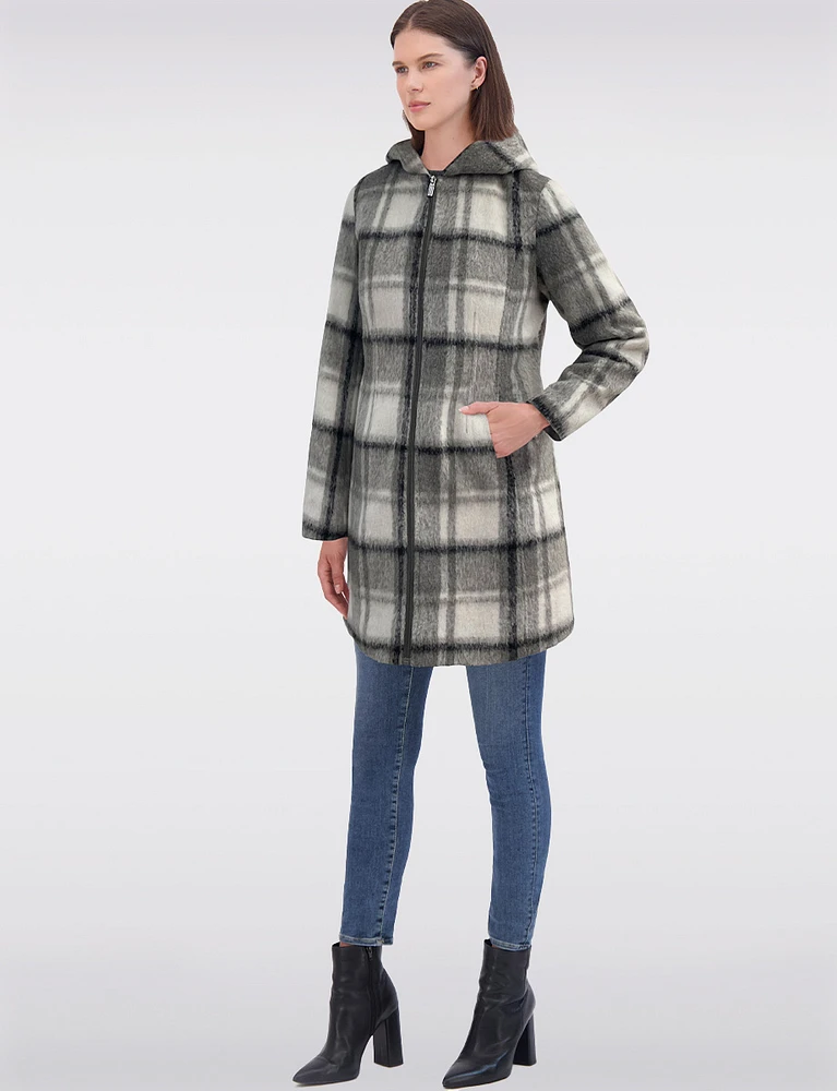 Vegan Gray Plaid Melton Coat with Hood by Jones New York