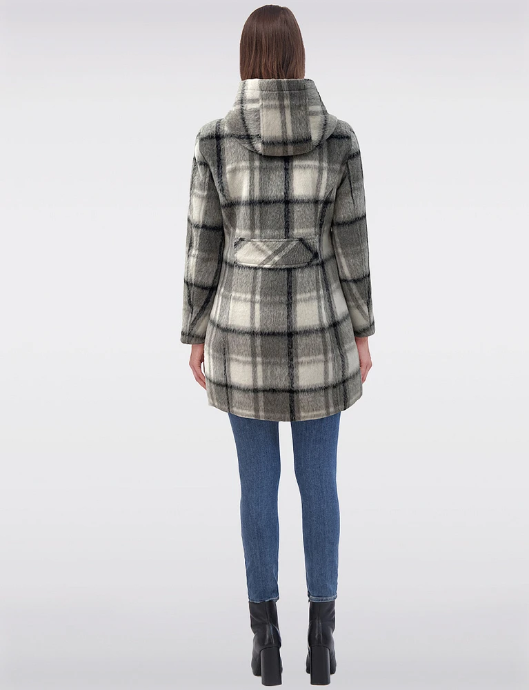 Vegan Gray Plaid Melton Coat with Hood by Jones New York