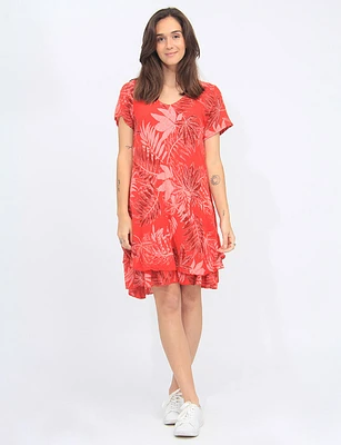 Slim Fit 2-Tiered Hem Palm Tree Printed Short Sleeve Dress By Froccella