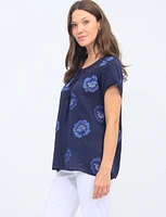 Floral Linen Top With Lace And Tie Collar By Froccella