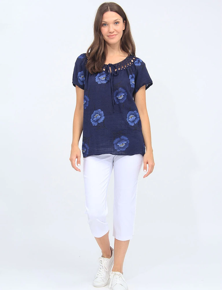 Floral Linen Top With Lace And Tie Collar By Froccella