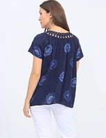 Floral Linen Top With Lace And Tie Collar By Froccella