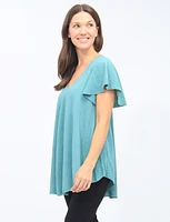 Flare Short-Sleeve V-Neck Pleated Back Blouse By Froccella