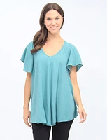 Flare Short-Sleeve V-Neck Pleated Back Blouse By Froccella