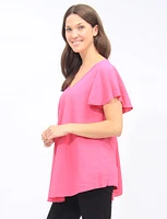 Flare Short-Sleeve V-Neck Pleated Back Blouse By Froccella