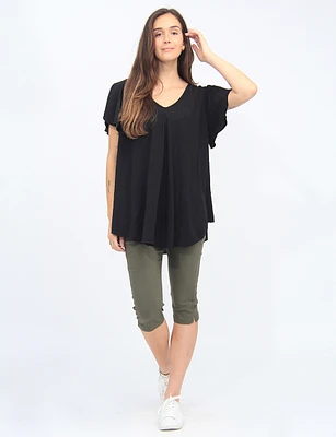 Flare Short-Sleeve V-Neck Pleated Back Blouse By Froccella