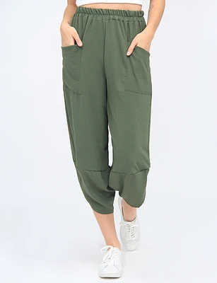 Elastic Waist Asymmetrical Hem Balloon Pant With Patch Pockets By Froccella