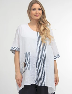 Linen Blend Tunic With Striped Trim And Decorative Button By Froccella