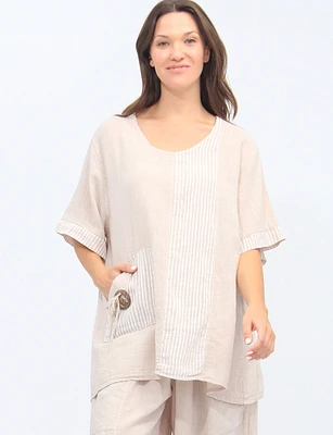 Linen Blend Tunic With Striped Trim And Decorative Button By Froccella