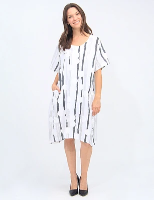 Linen Short Sleeve Round Neck Stripe And Polka Dot Print Dress By Froccella