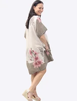 Linen Cotton Blend Floral Short Sleeve Balloon Dress With Pockets By Froccella