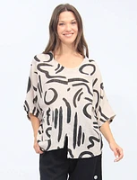 Linen Blend Geometric Print Tunic With Slits And Pocket By Froccella