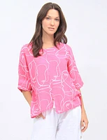 Linen Blend Abstract Face Print Tunic With Slits And Pocket By Froccella