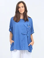 Linen Short Sleeve Flower Appliqué With Button Round Neck Tunic By Froccella