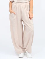 Chic Wide Leg Elastic Waist Button Pocket Linen Pants By Froccella