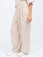 Chic Wide Leg Elastic Waist Button Pocket Linen Pants By Froccella