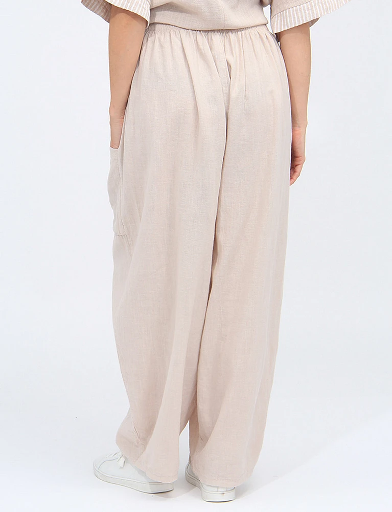 Chic Wide Leg Elastic Waist Button Pocket Linen Pants By Froccella