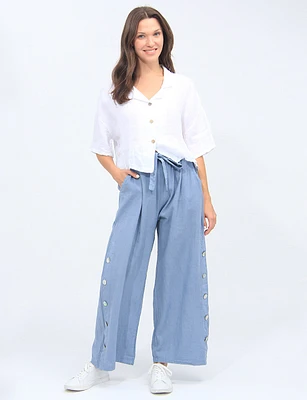 Wide Leg Linen Belted Pants with Pearl Buttons On The Sides By Froccella