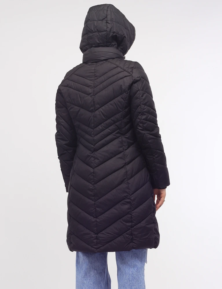 Hooded Long Water-Resistant Light Puffer Jacket by Andrew Marc