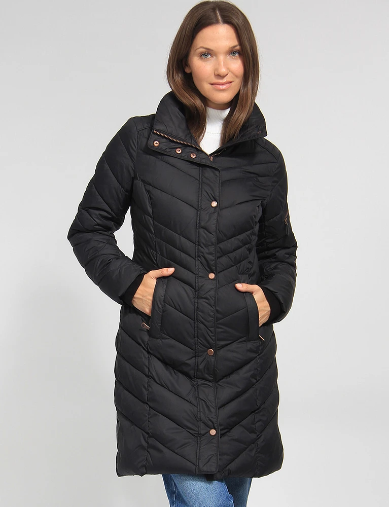 Hooded Long Water-Resistant Light Puffer Jacket by Andrew Marc