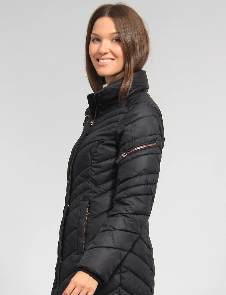 Hooded Long Water-Resistant Light Puffer Jacket by Andrew Marc