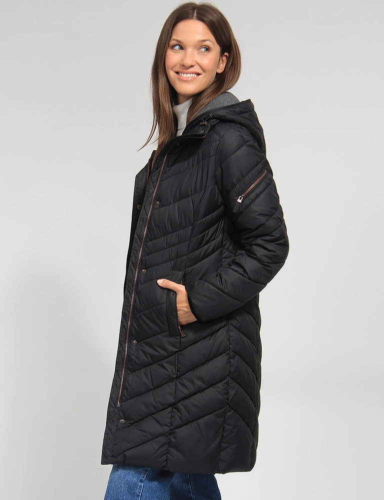 Hooded Long Water-Resistant Light Puffer Jacket by Andrew Marc