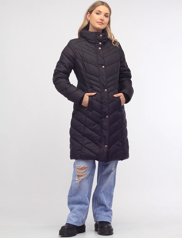 Hooded Long Water-Resistant Light Puffer Jacket by Andrew Marc