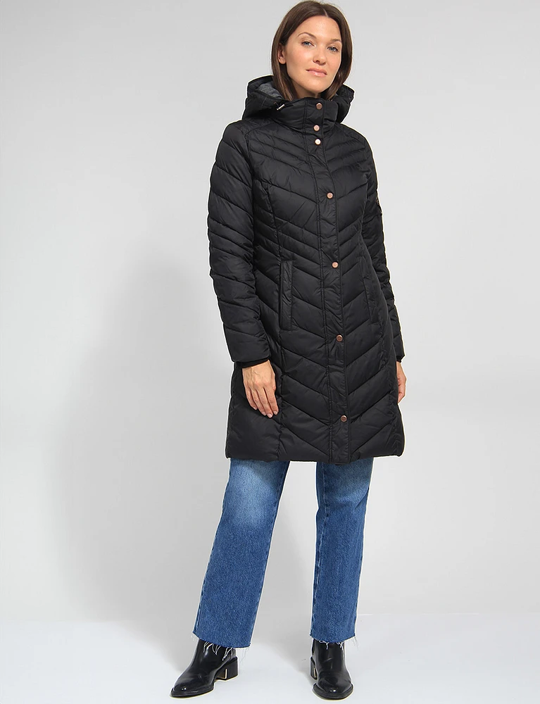 Hooded Long Water-Resistant Light Puffer Jacket by Andrew Marc