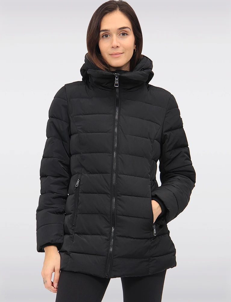 Vegan Eco-Down High Collar Puffer Jacket Detachable Hood With Inner Bib by Loop