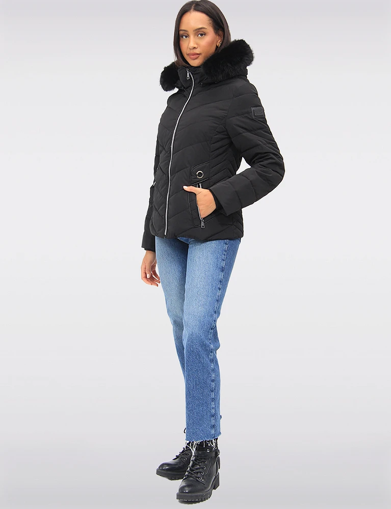 Vegan Cropped Eco-Down Puffer Jacket with Faux Fur Trim Detachable Hood by Loop