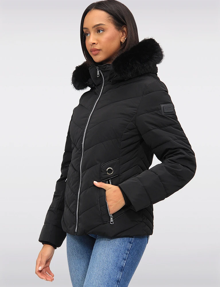 Vegan Cropped Eco-Down Puffer Jacket with Faux Fur Trim Detachable Hood by Loop