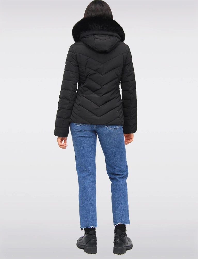 Vegan Cropped Eco-Down Puffer Jacket with Faux Fur Trim Detachable Hood by Loop